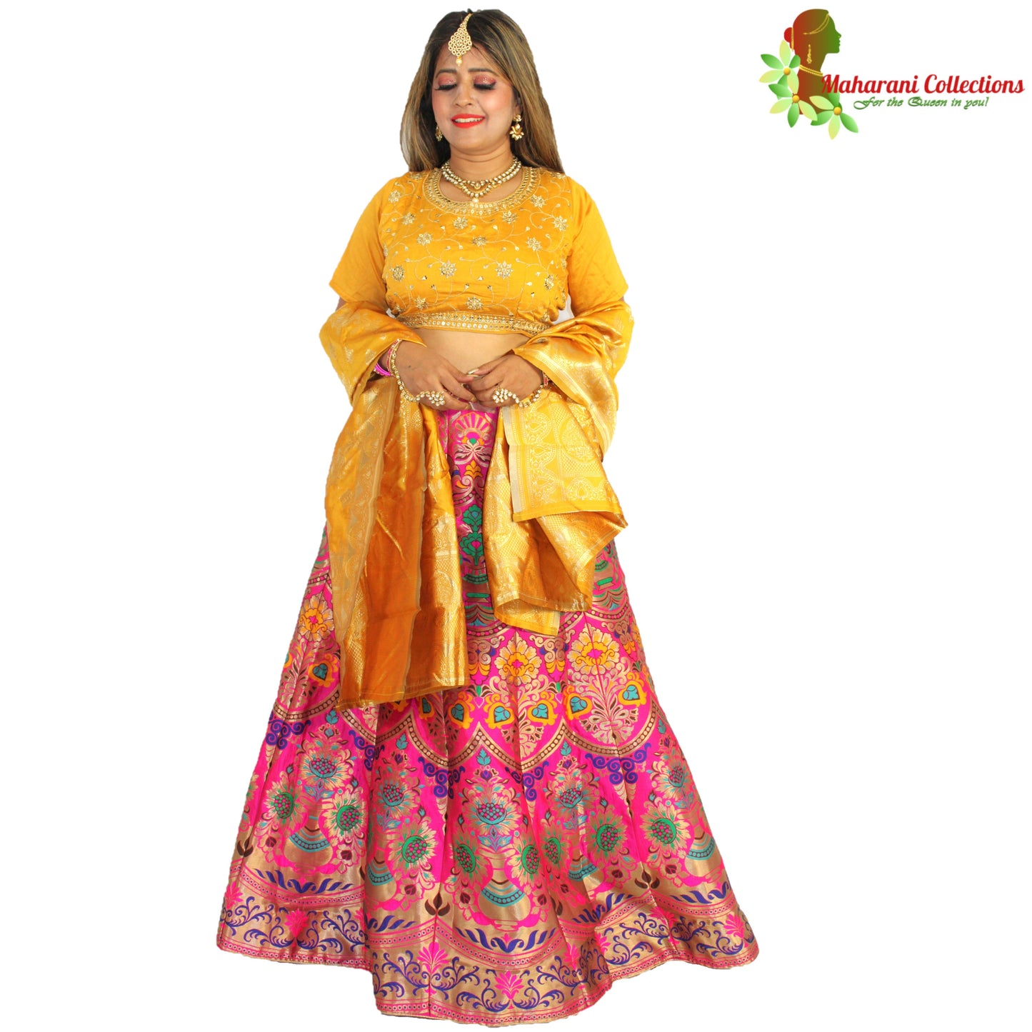 Maharani's Designer Pure Banarasi Silk Lehenga - Yellow and Pink (M/L)