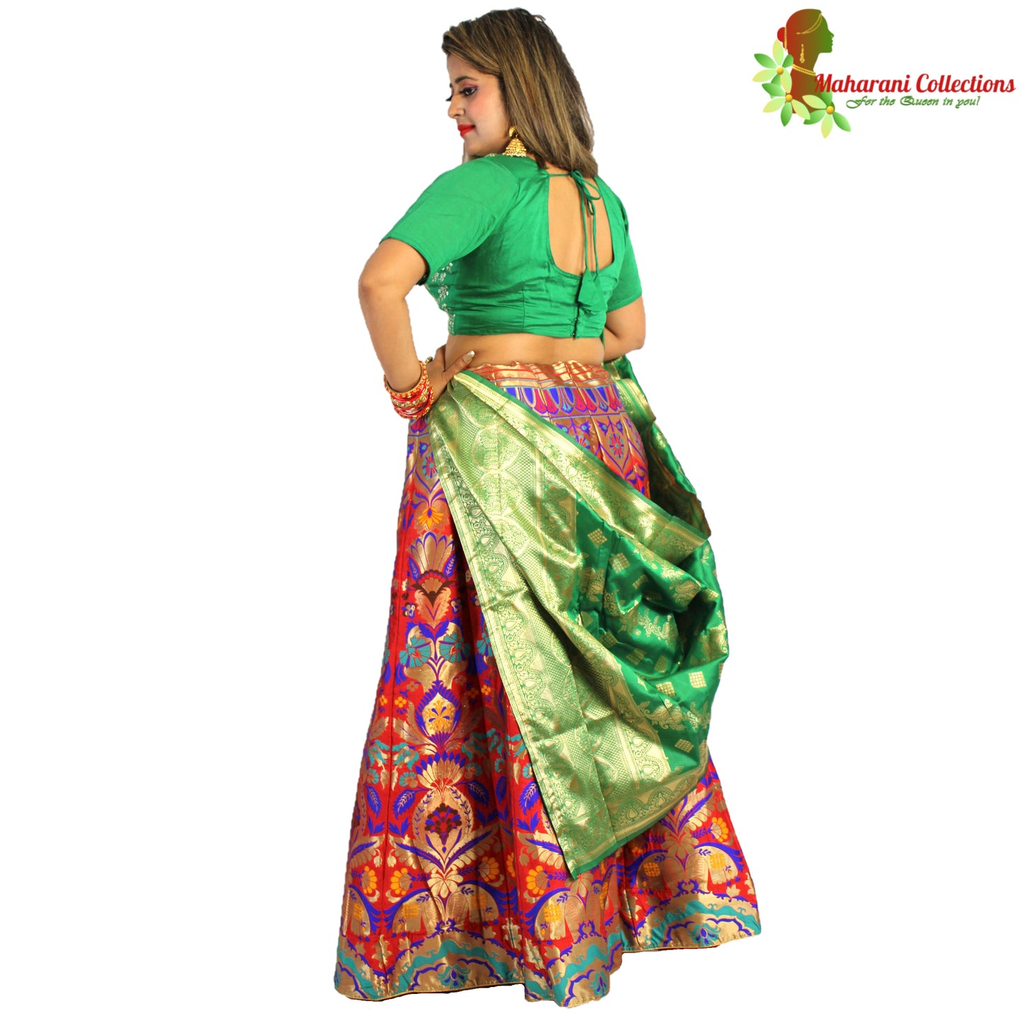Maharani's Designer Pure Banarasi Silk Lehenga - Green, Yellow and Red (M/L)