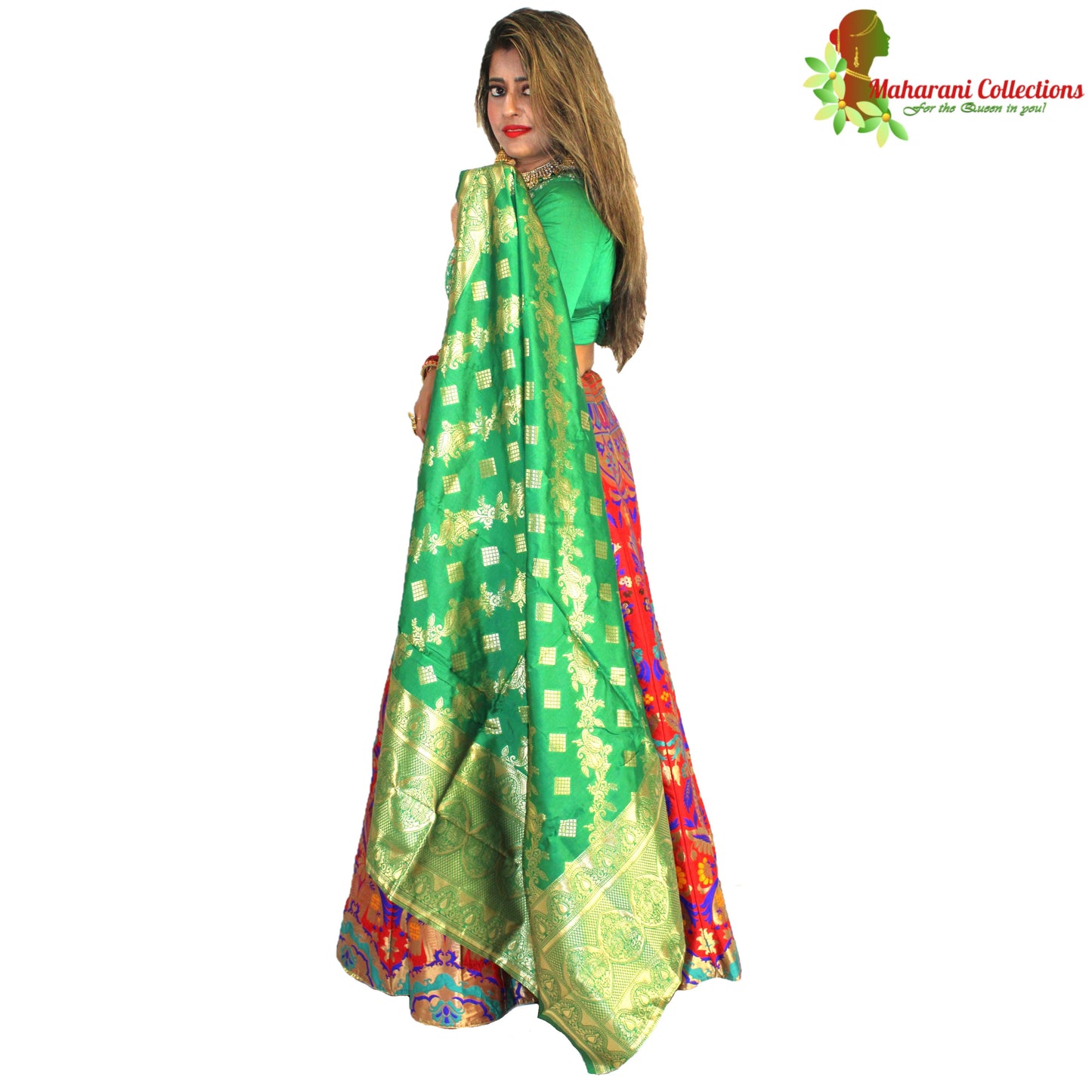 Maharani's Designer Pure Banarasi Silk Lehenga - Green, Yellow and Red (M/L)