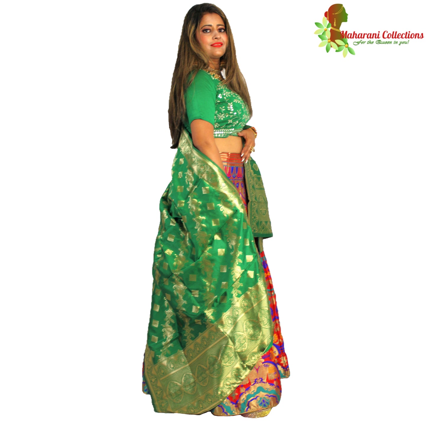 Maharani's Designer Pure Banarasi Silk Lehenga - Green, Yellow and Red (M/L)