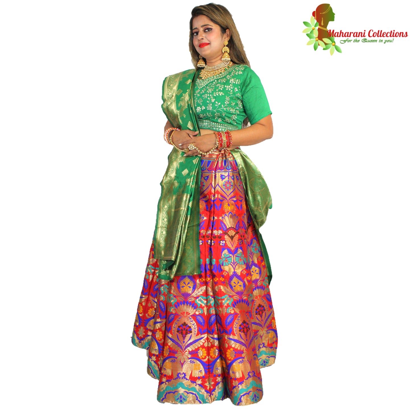 Maharani's Designer Pure Banarasi Silk Lehenga - Green, Yellow and Red (M/L)