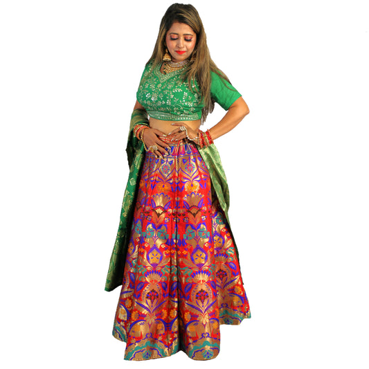 Maharani's Designer Pure Banarasi Silk Lehenga - Green, Yellow and Red (M/L)