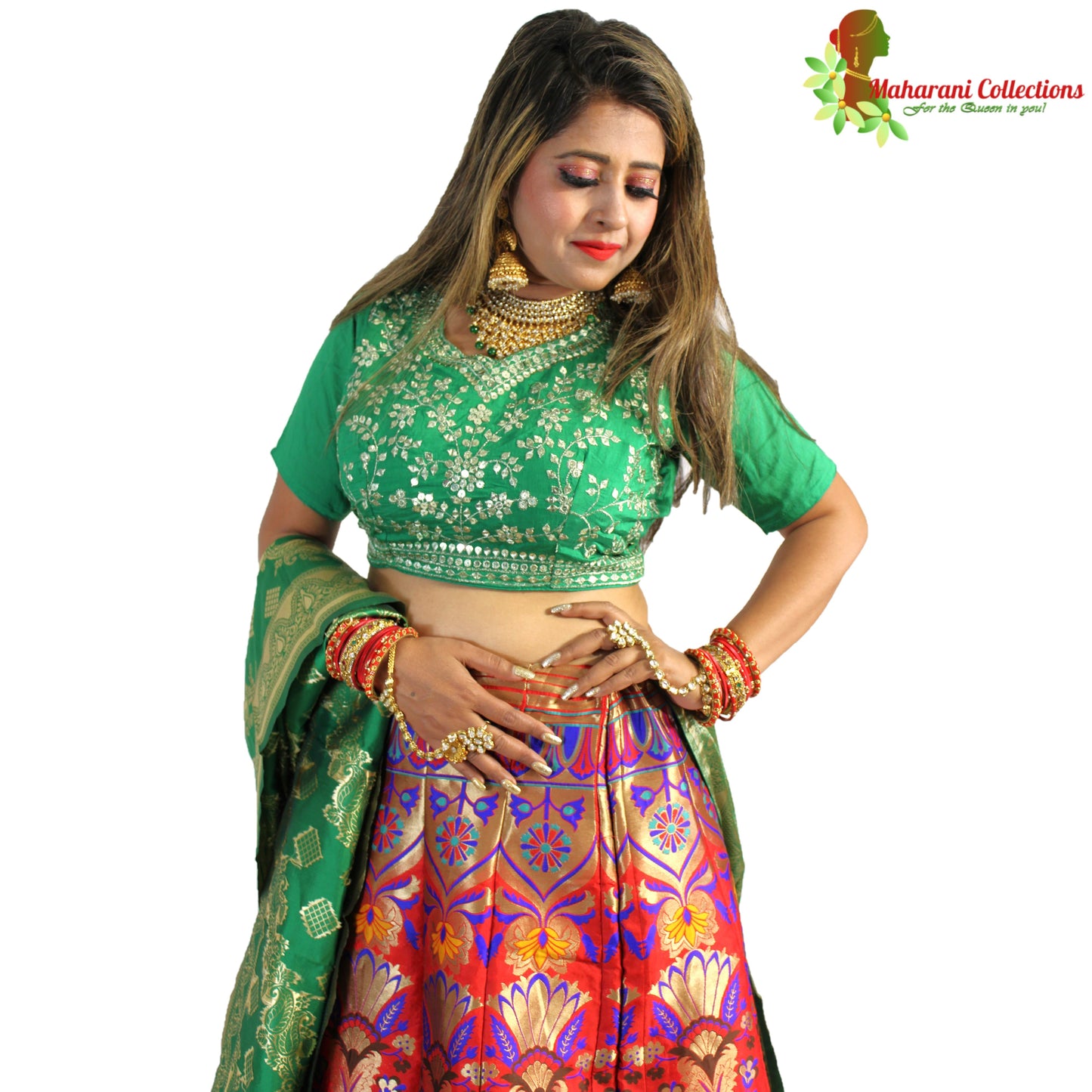 Maharani's Designer Pure Banarasi Silk Lehenga - Green, Yellow and Red (M/L)