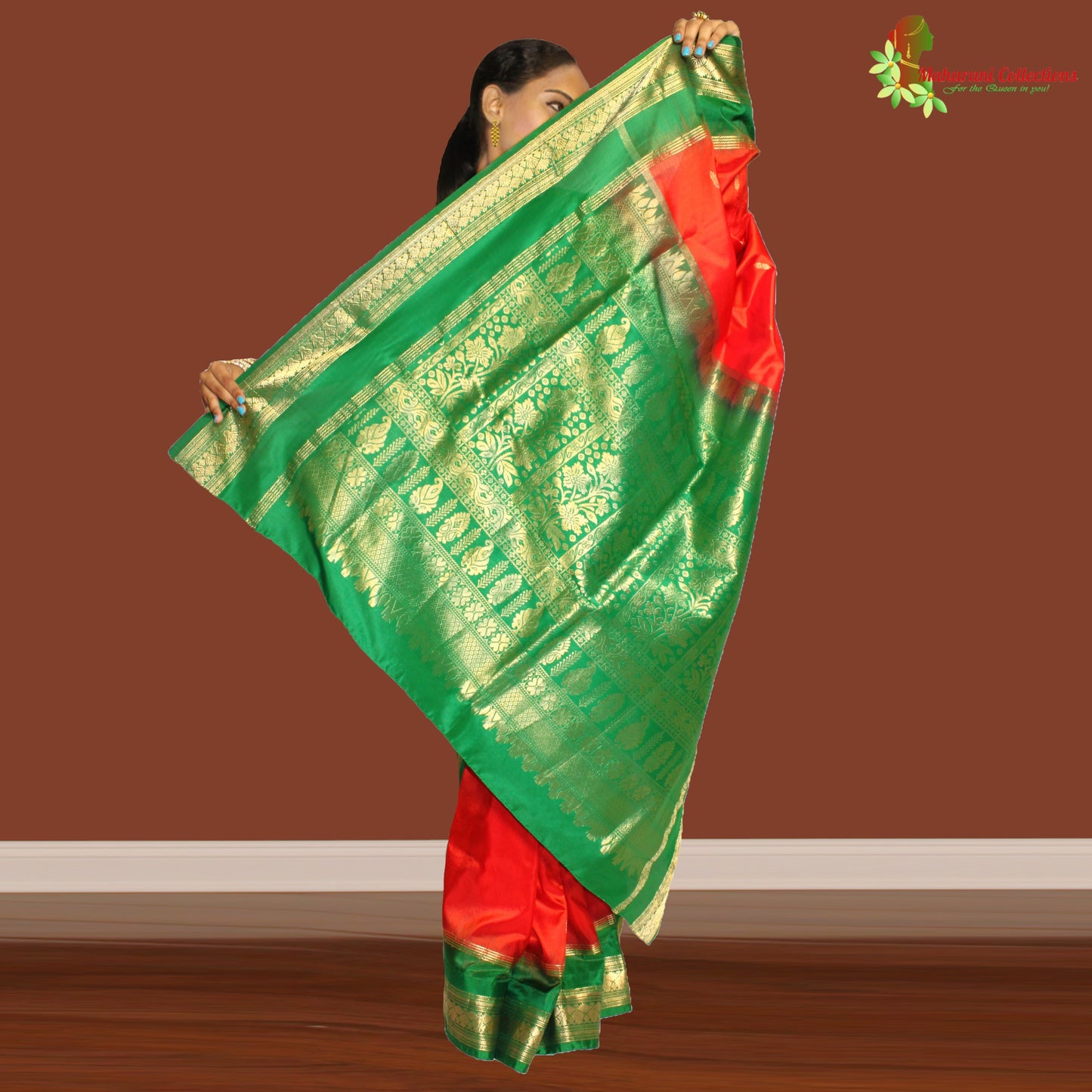Maharani's Pure Banarasi Silk Saree - Orange (with stitched Petticoat)