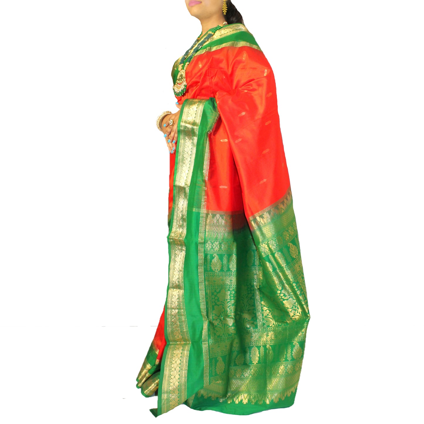 Maharani's Pure Banarasi Silk Saree - Orange (with stitched Petticoat)
