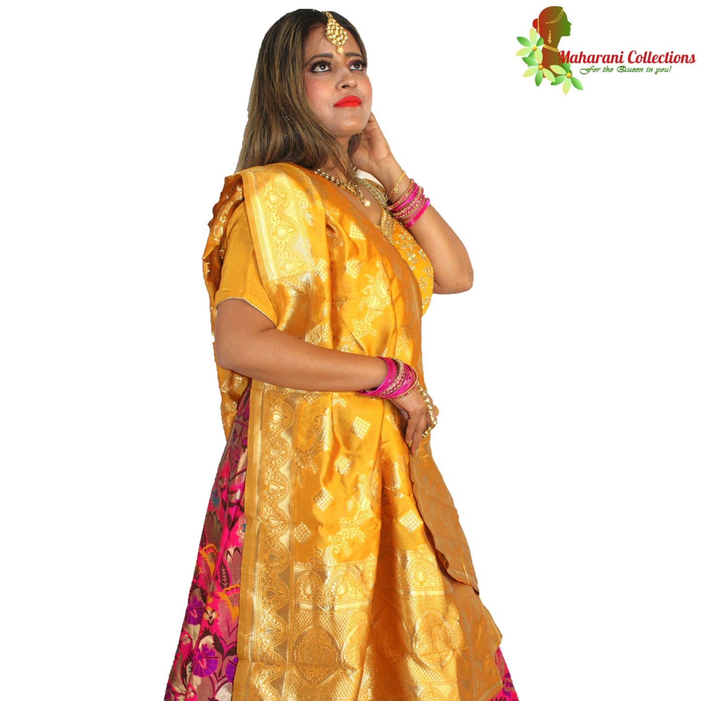 Maharani's Designer Pure Banarasi Silk Lehenga - Yellow, Purple and Pink (M/L)