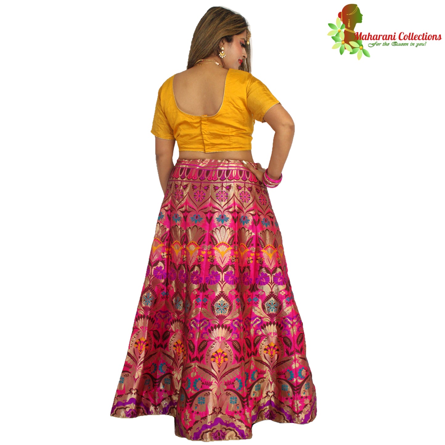 Maharani's Designer Pure Banarasi Silk Lehenga - Yellow, Purple and Pink (M/L)