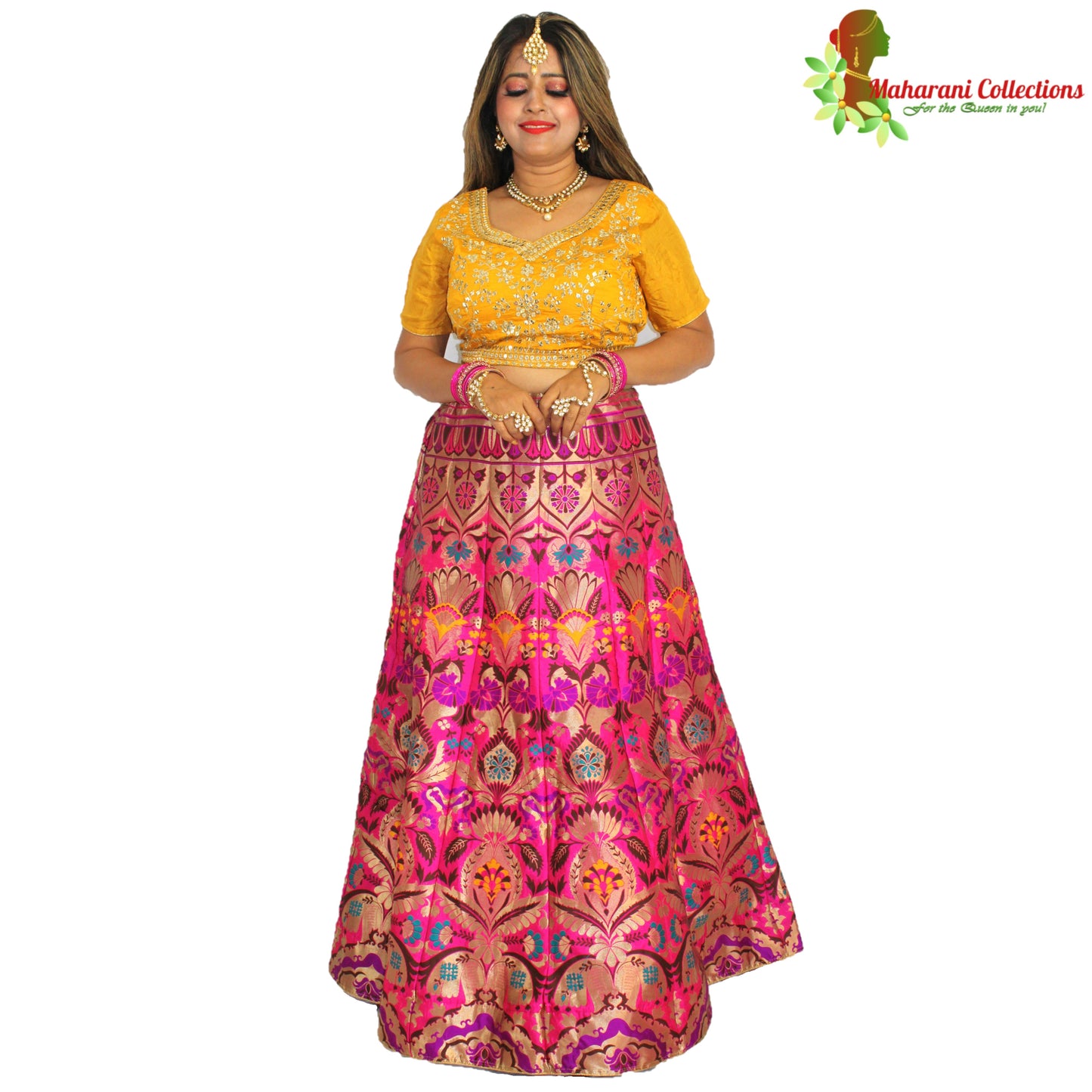 Maharani's Designer Pure Banarasi Silk Lehenga - Yellow, Purple and Pink (M/L)