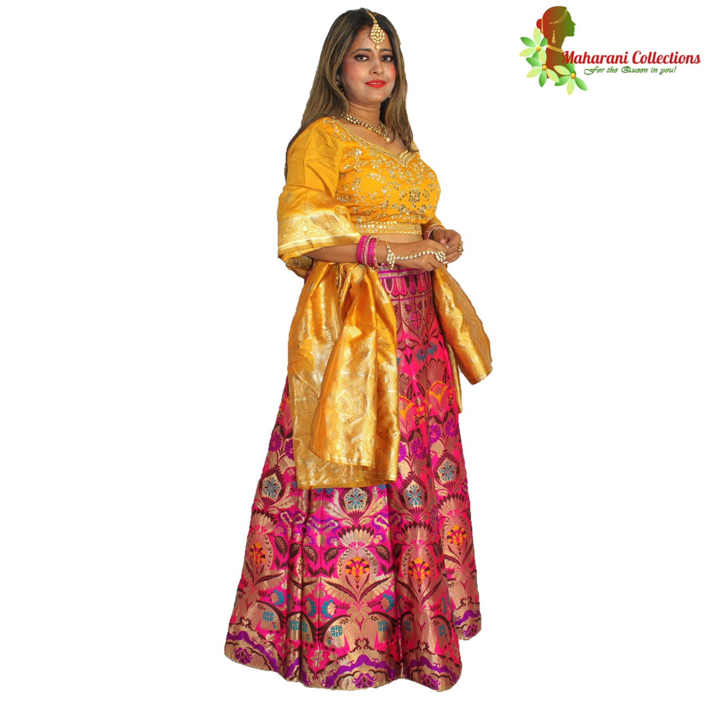 Maharani's Designer Pure Banarasi Silk Lehenga - Yellow, Purple and Pink (M/L)