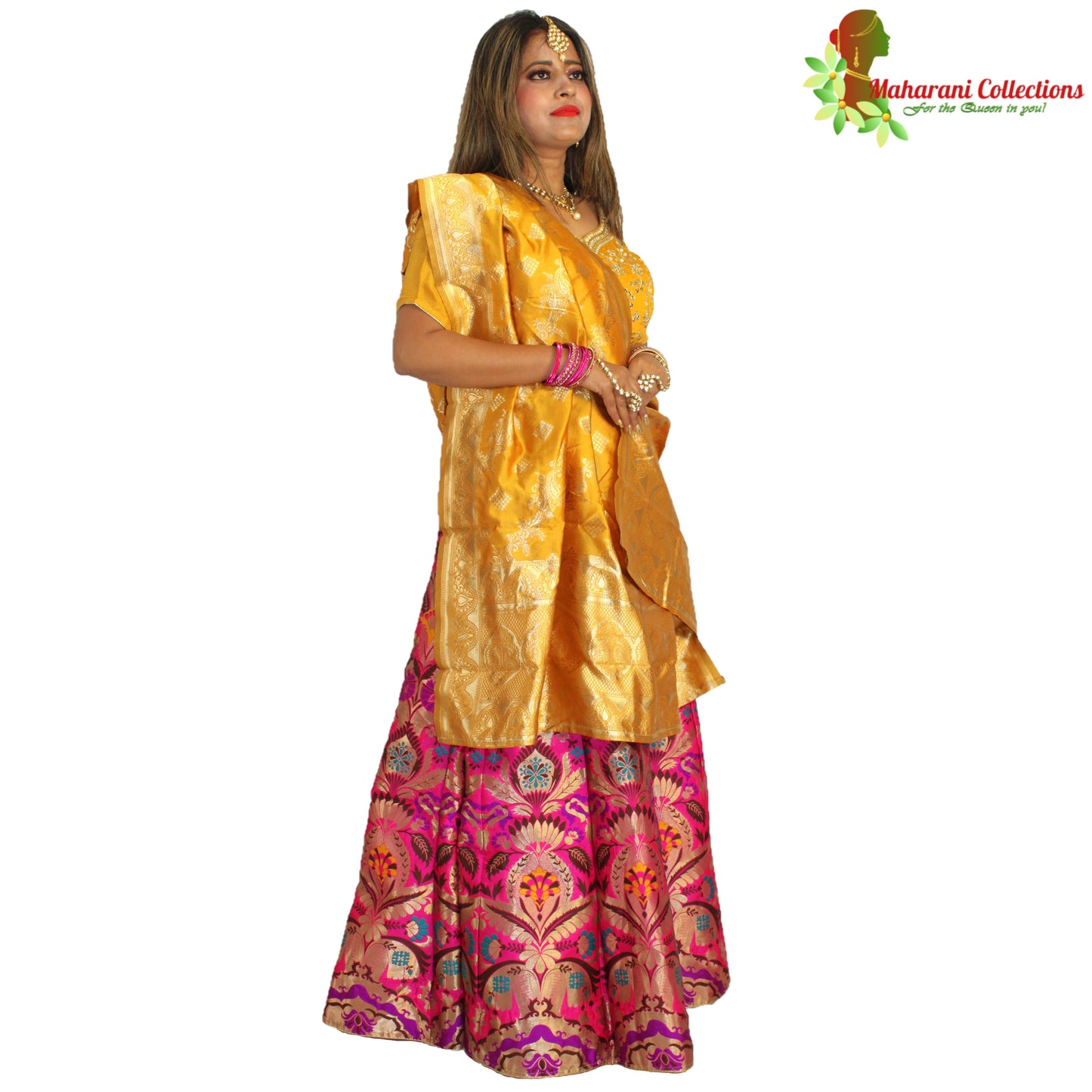 Maharani's Designer Pure Banarasi Silk Lehenga - Yellow, Purple and Pink (M/L)