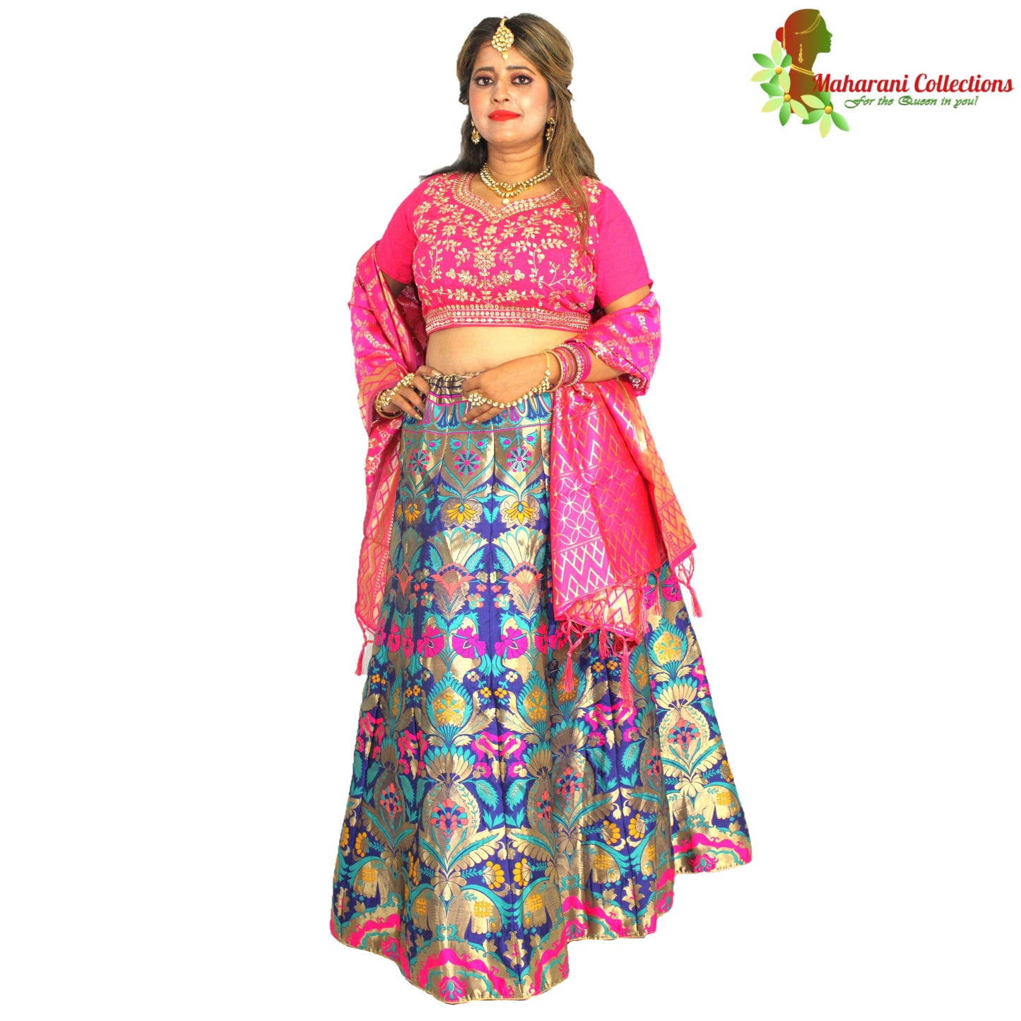 Maharani's Designer Pure Banarasi Silk Lehenga - Pink and Blue (M/L)