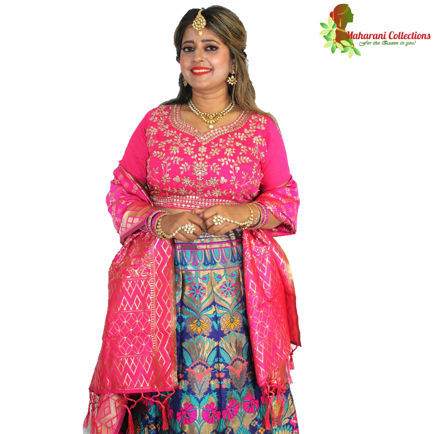 Maharani's Designer Pure Banarasi Silk Lehenga - Pink and Blue (M/L)