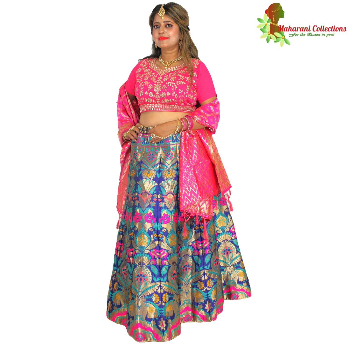 Maharani's Designer Pure Banarasi Silk Lehenga - Pink and Blue (M/L)