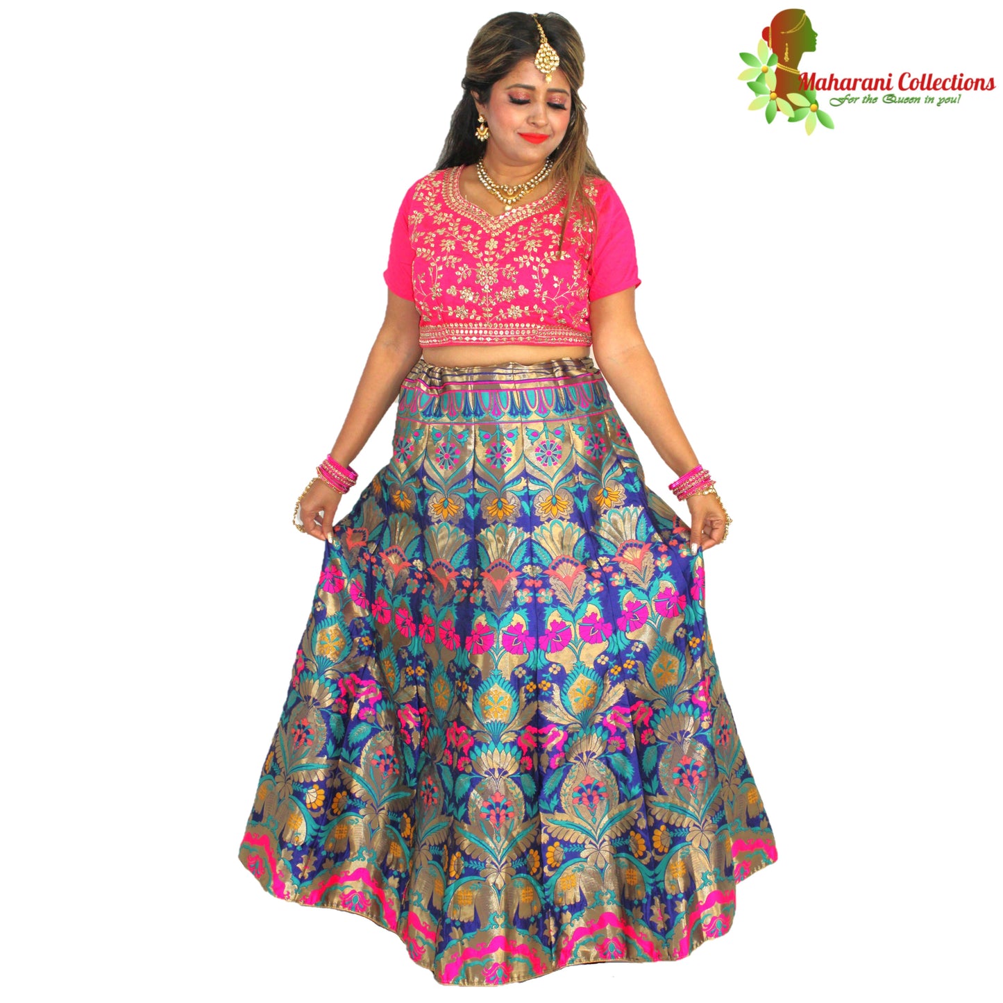 Maharani's Designer Pure Banarasi Silk Lehenga - Pink and Blue (M/L)
