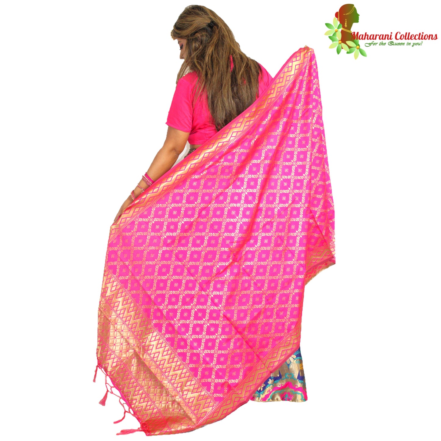 Maharani's Designer Pure Banarasi Silk Lehenga - Pink and Blue (M/L)