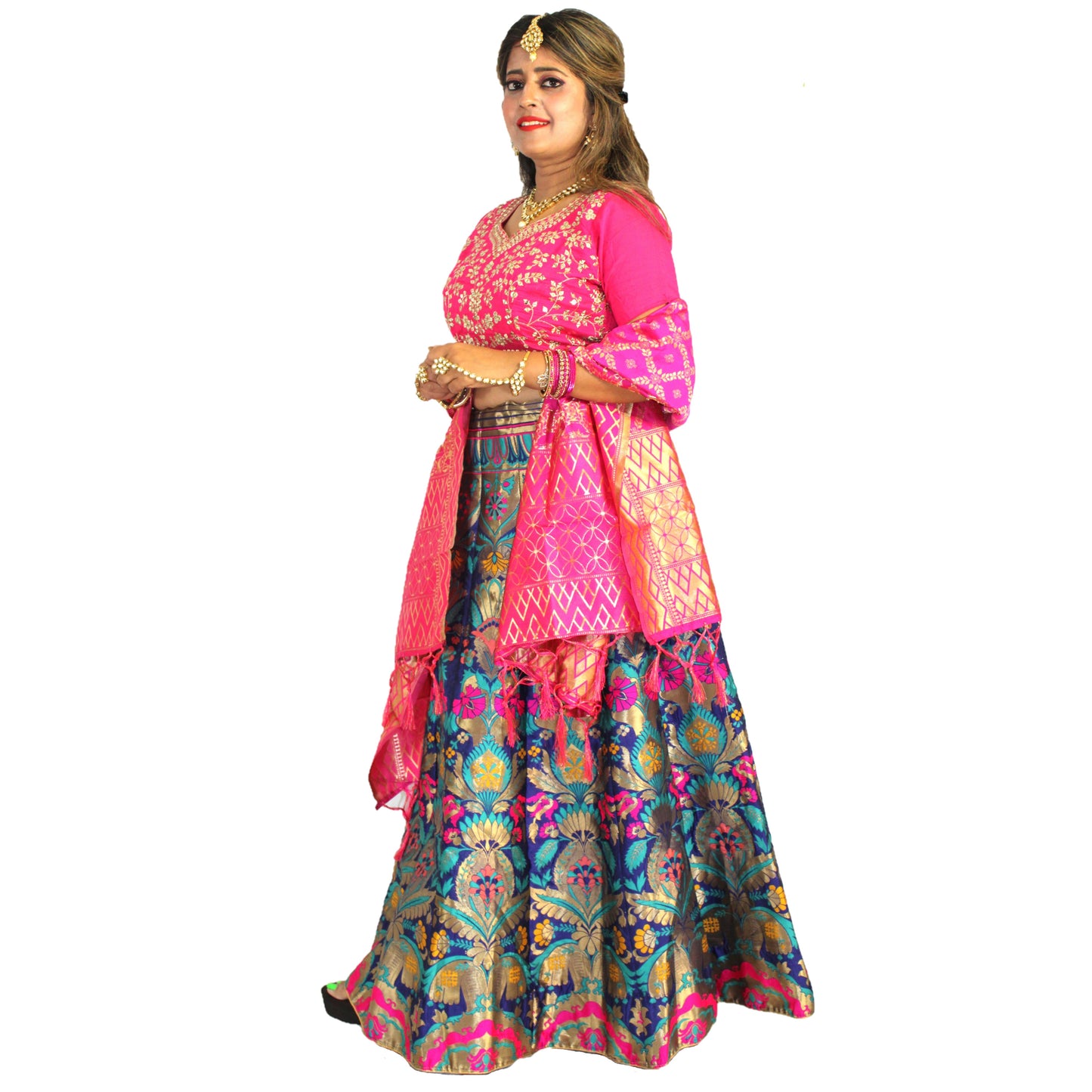 Maharani's Designer Pure Banarasi Silk Lehenga - Pink and Blue (M/L)