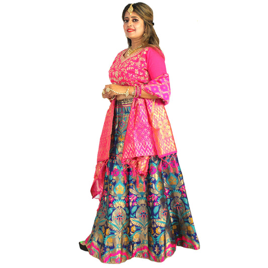 Maharani's Designer Pure Banarasi Silk Lehenga - Pink and Blue (M/L)