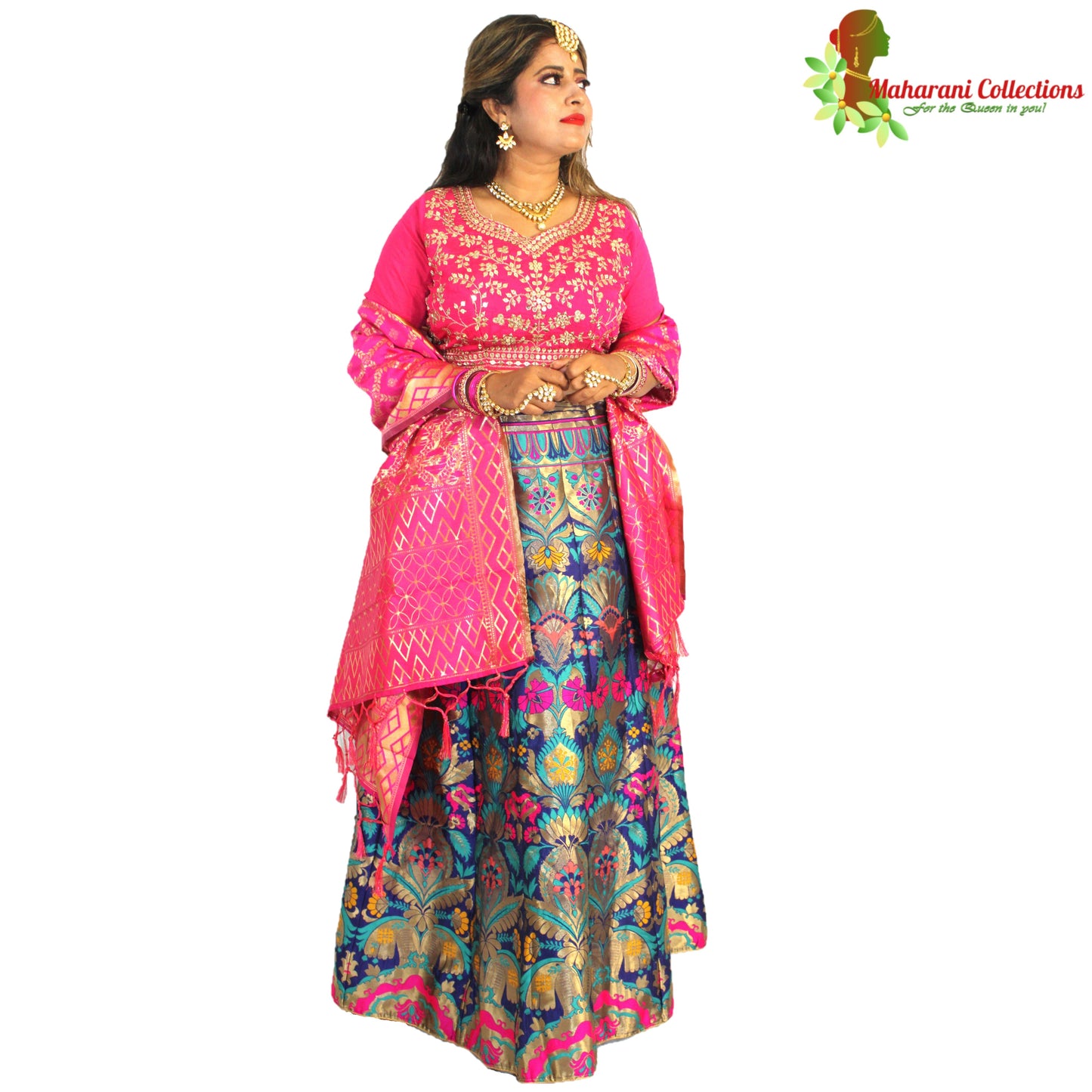 Maharani's Designer Pure Banarasi Silk Lehenga - Pink and Blue (M/L)