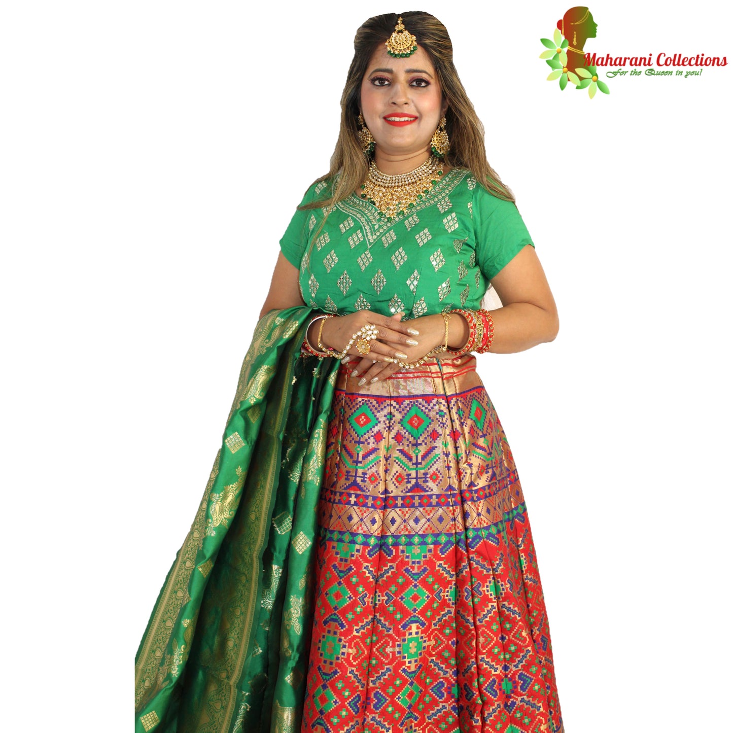 Maharani's Designer Pure Banarasi Silk Lehenga - Green, Gold and Red (M/L)