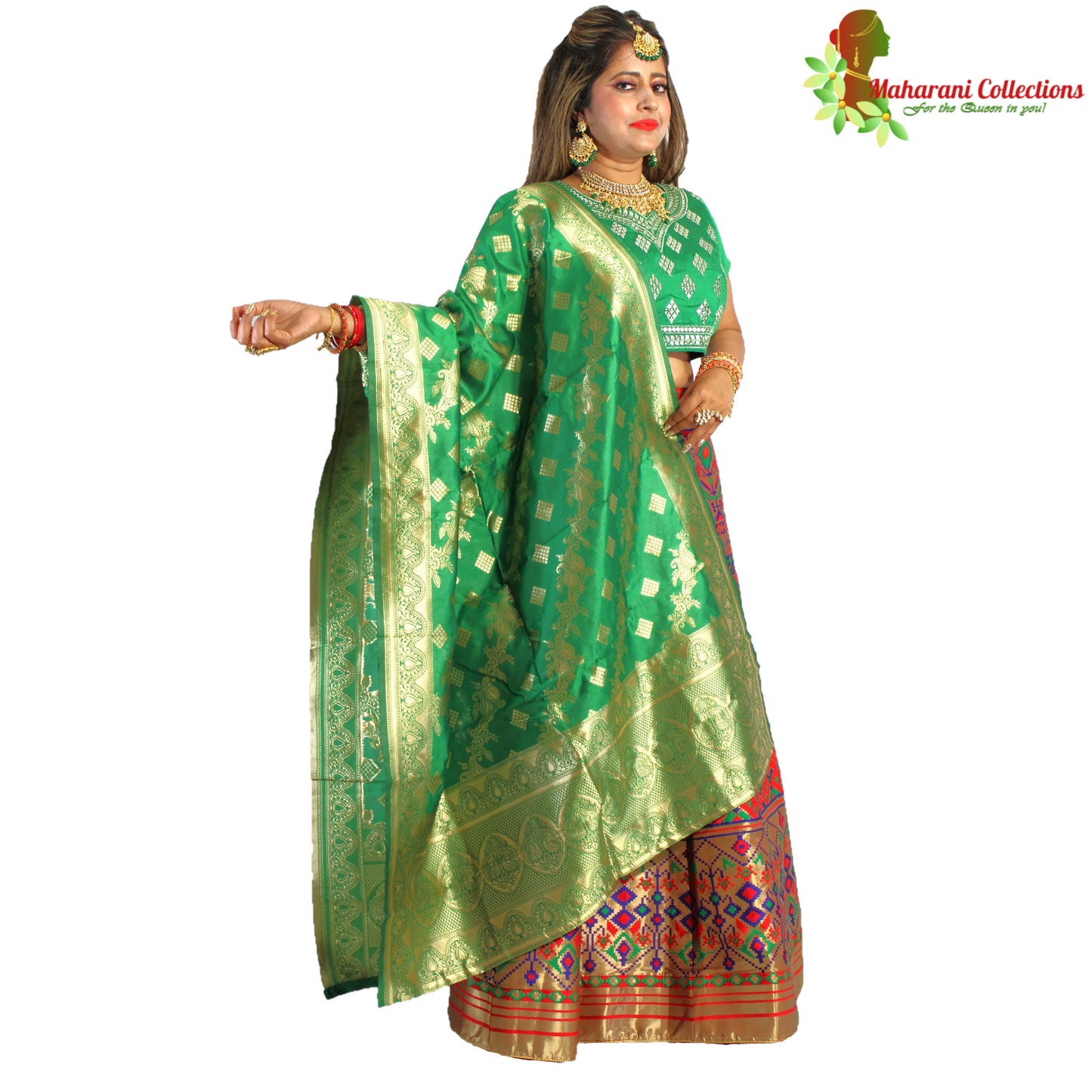 Maharani's Designer Pure Banarasi Silk Lehenga - Green, Gold and Red (M/L)