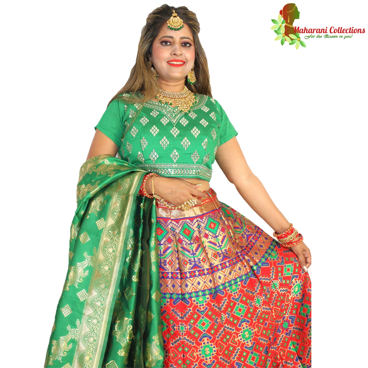 Maharani's Designer Pure Banarasi Silk Lehenga - Green, Gold and Red (M/L)