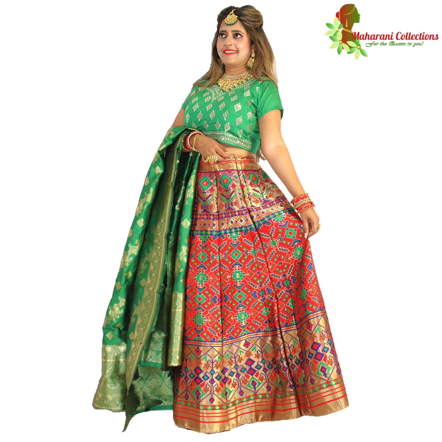 Maharani's Designer Pure Banarasi Silk Lehenga - Green, Gold and Red (M/L)
