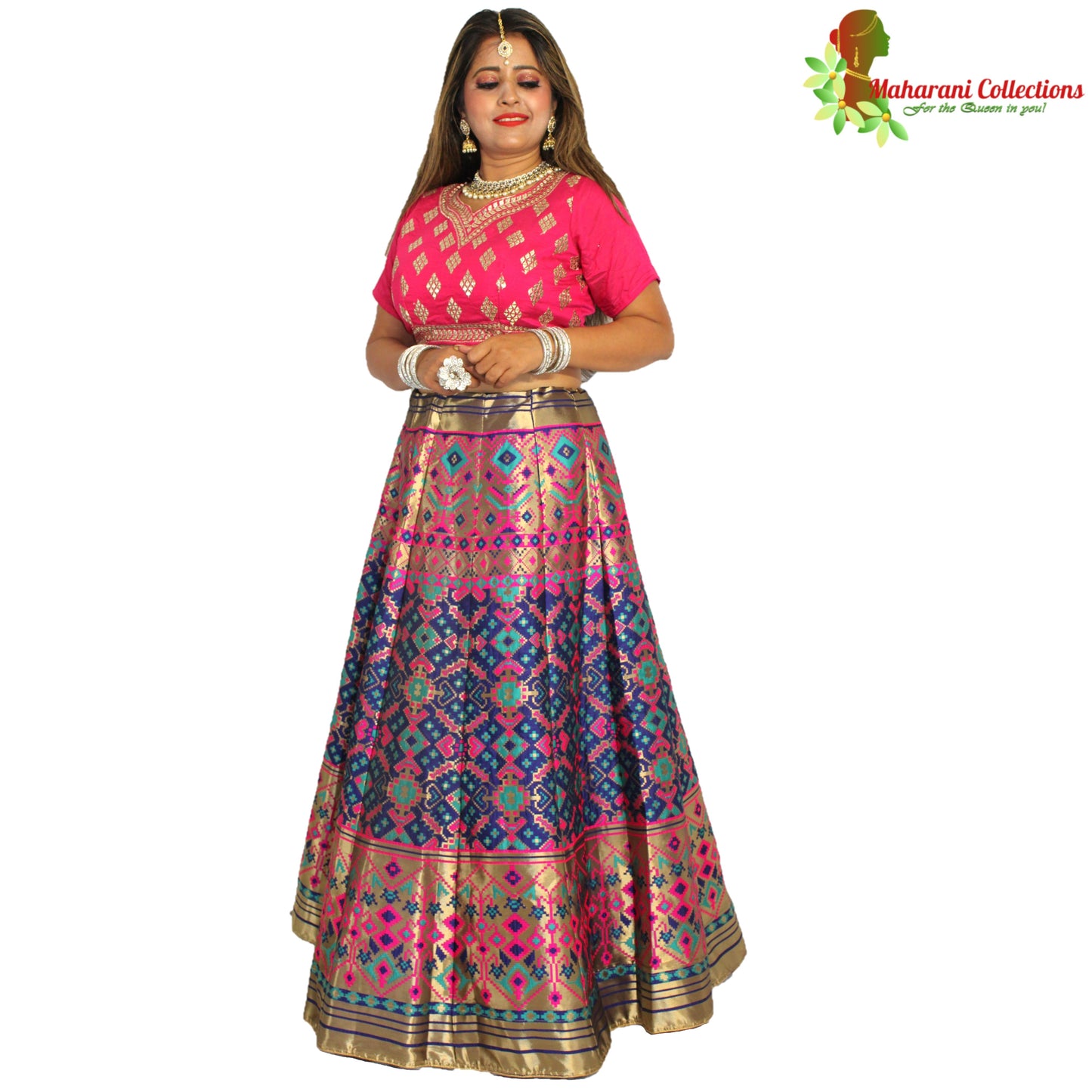 Maharani's Designer Pure Banarasi Silk Lehenga - Pink and Blue (M/L)