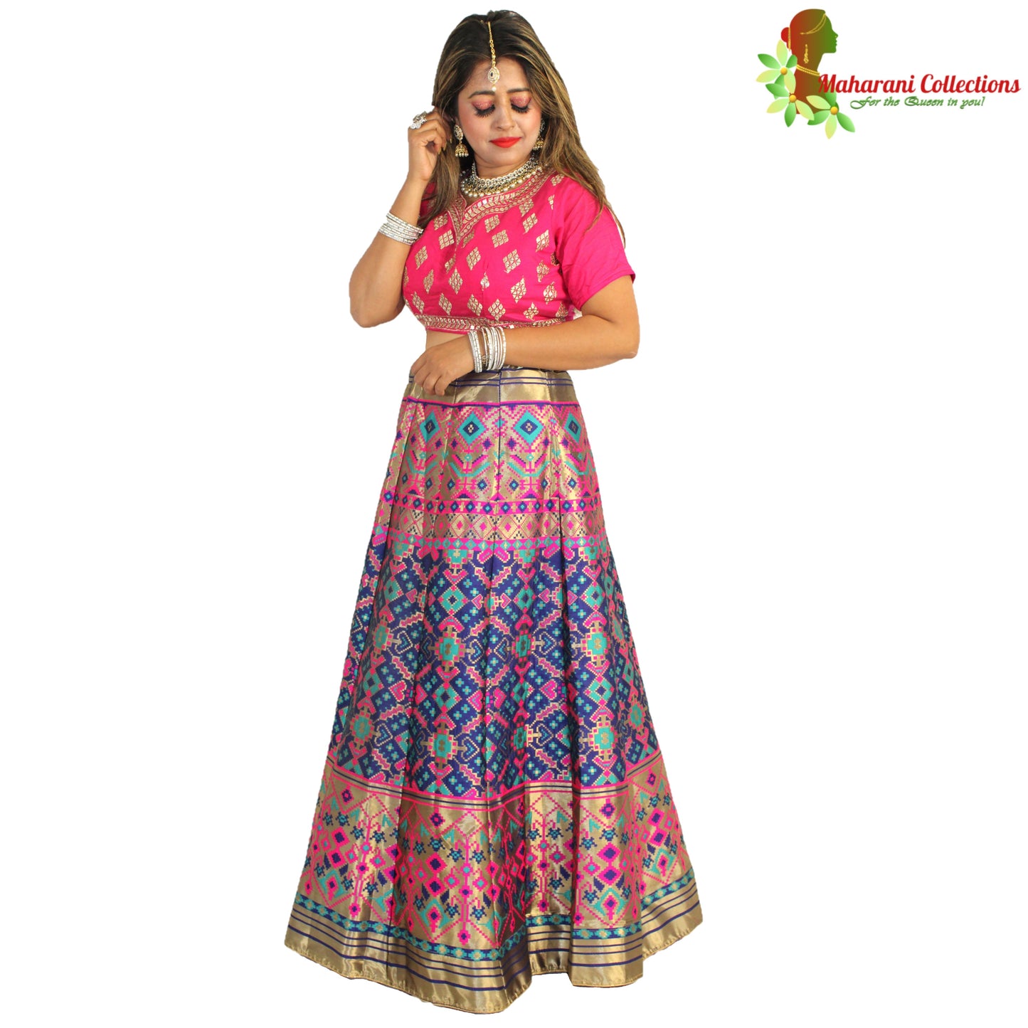 Maharani's Designer Pure Banarasi Silk Lehenga - Pink and Blue (M/L)