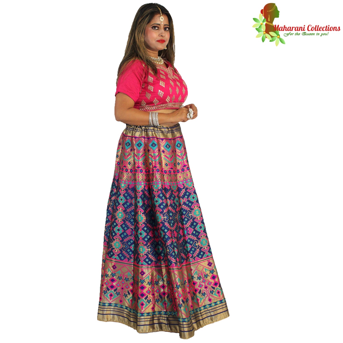 Maharani's Designer Pure Banarasi Silk Lehenga - Pink and Blue (M/L)