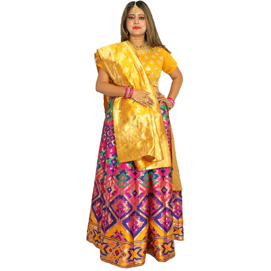 Maharani's Designer Pure Banarasi Silk Lehenga - Festive Yellow and Pink (M/L)