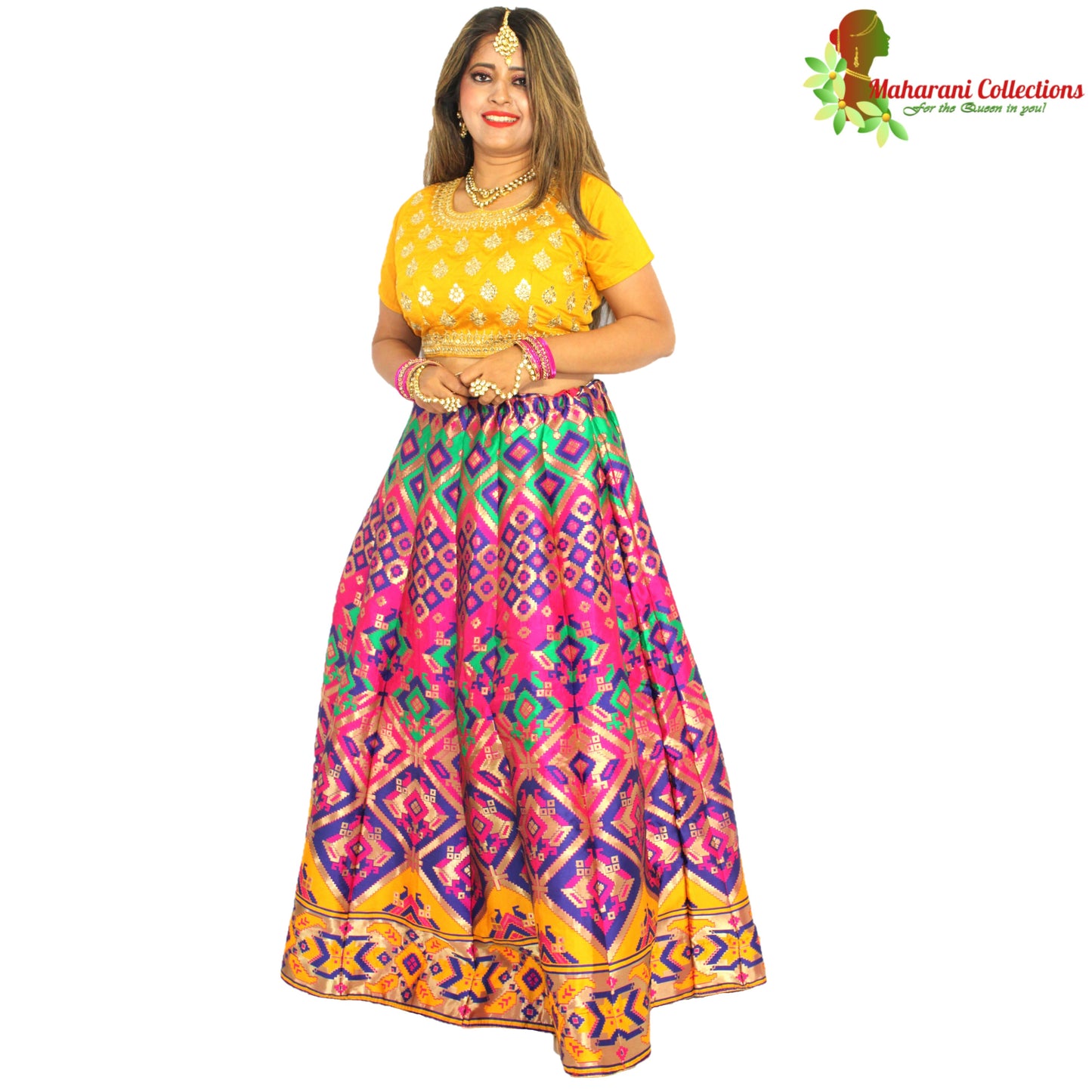 Maharani's Designer Pure Banarasi Silk Lehenga - Festive Yellow and Pink (M/L)