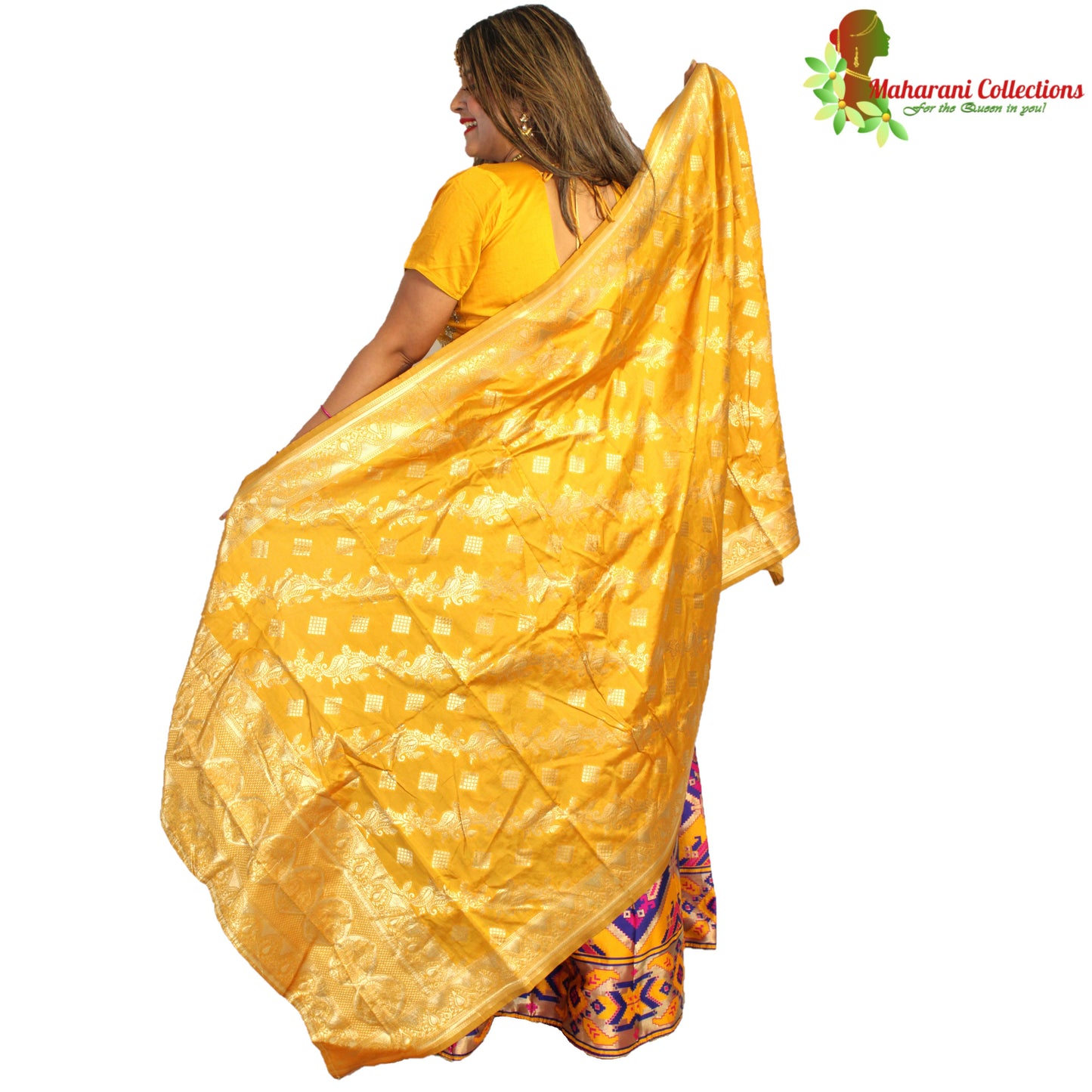 Maharani's Designer Pure Banarasi Silk Lehenga - Festive Yellow and Pink (M/L)