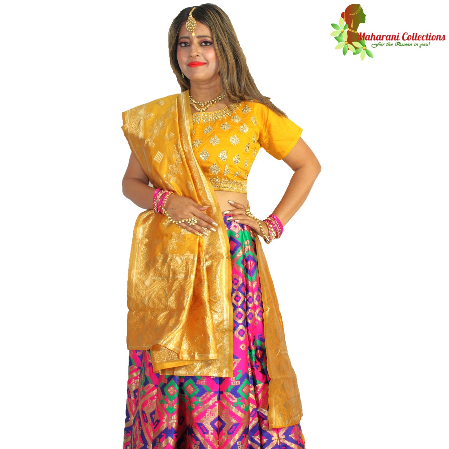 Maharani's Designer Pure Banarasi Silk Lehenga - Festive Yellow and Pink (M/L)