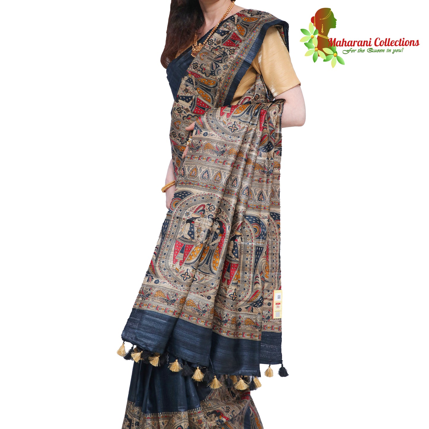 Pure Bhagalpur Tussar Silk Saree (Silk Mark) - Slate Blue with Madhubani Hand Painting