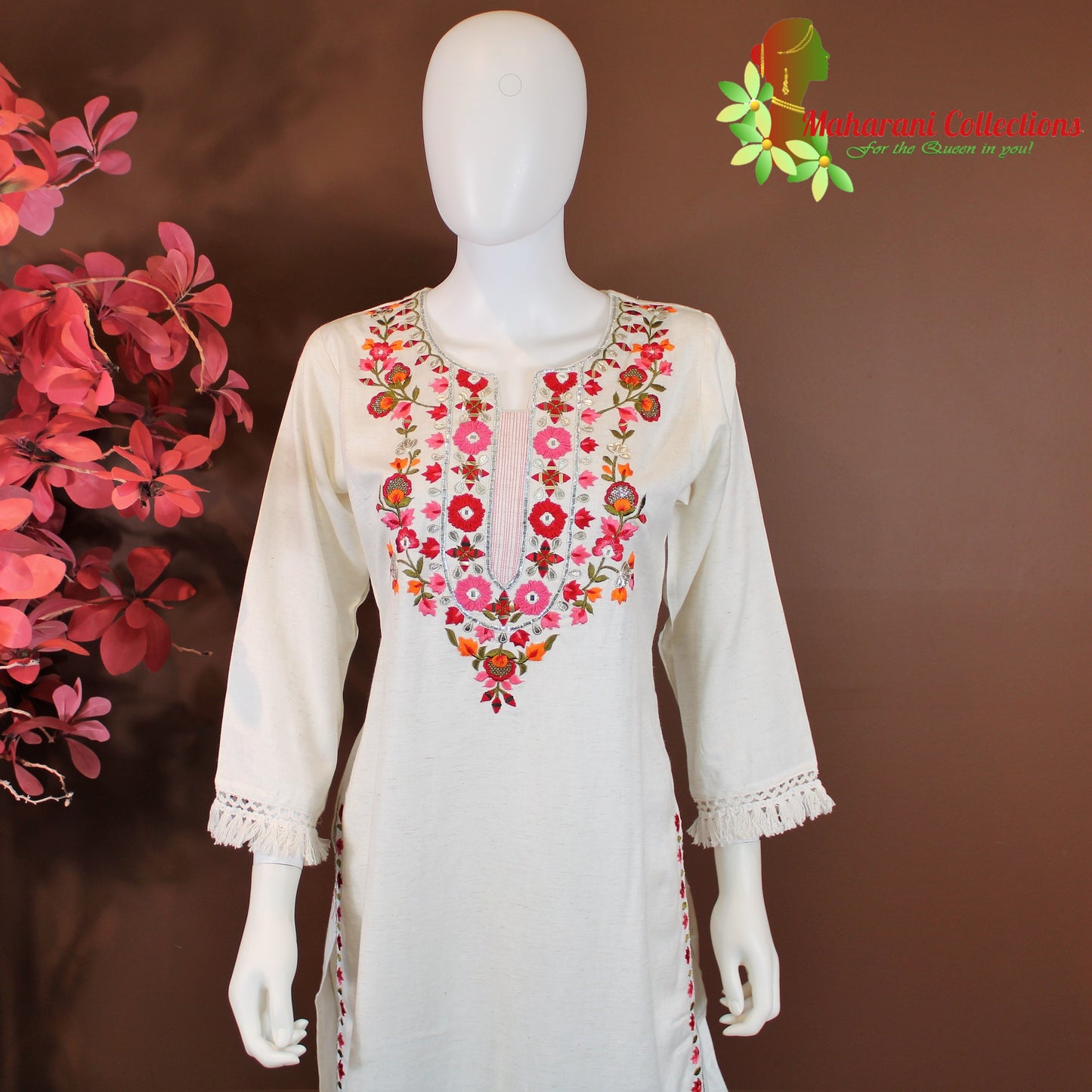 Maharani's Suit with Pants and Dupatta - Light Cream (XL) - Pure Muslin Silk