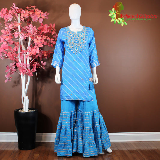 Maharani's Sharara Suit - Blue (L) - Pure Muslin Silk
