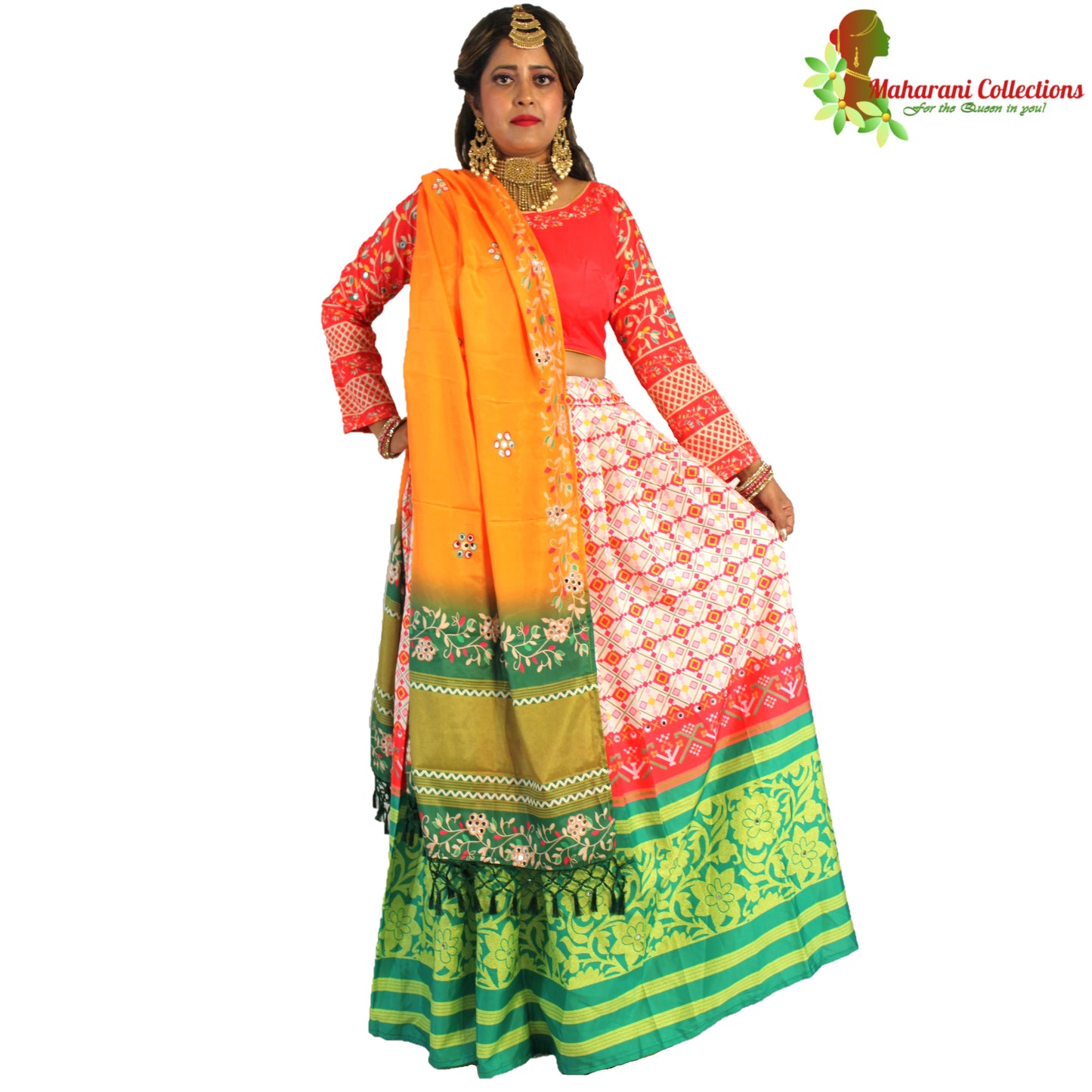 Maharani's Soft Silk Lehenga - Red, White and Green