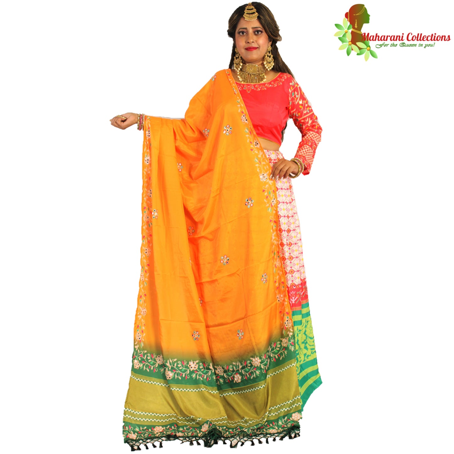 Maharani's Soft Silk Lehenga - Red, White and Green