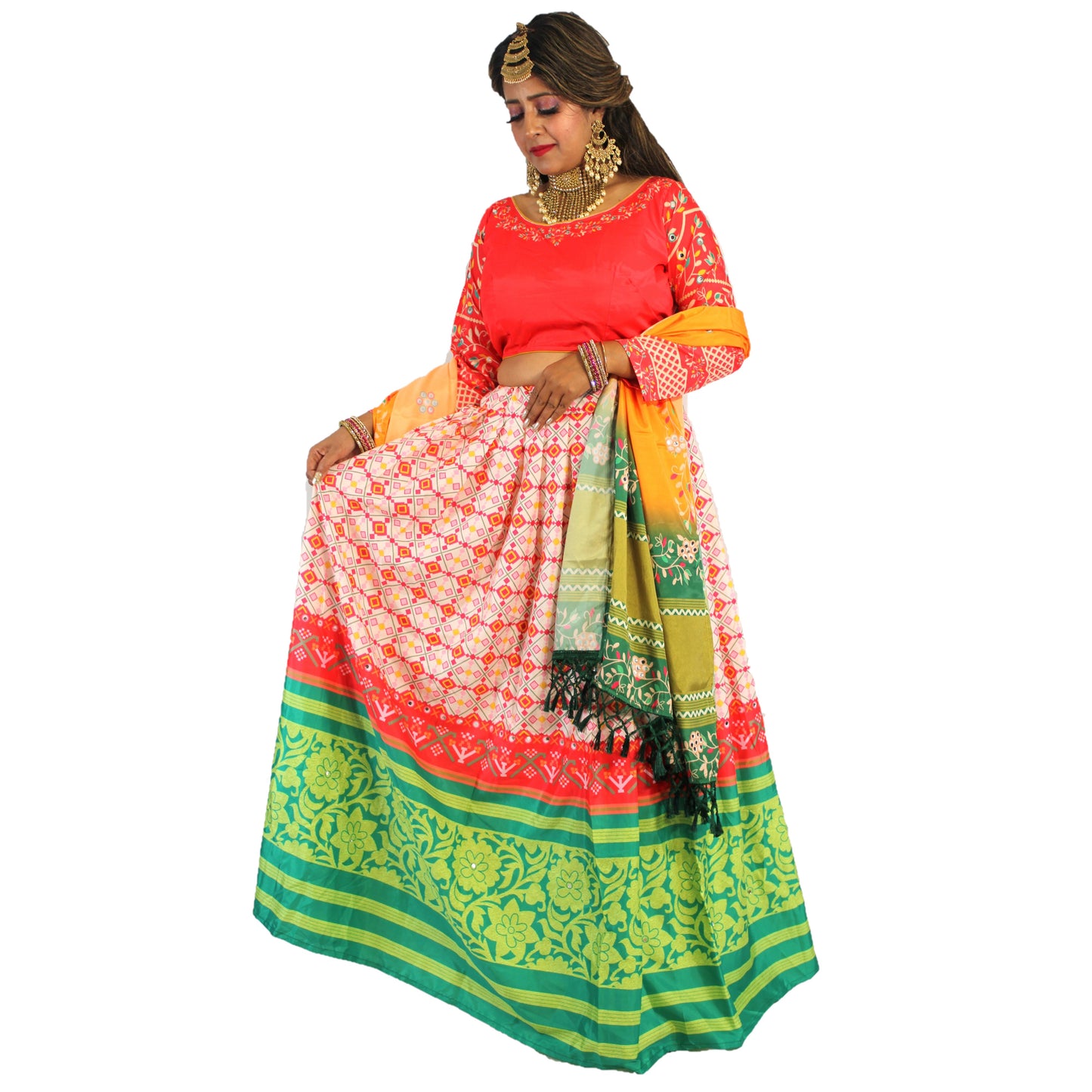 Maharani's Soft Silk Lehenga - Red, White and Green