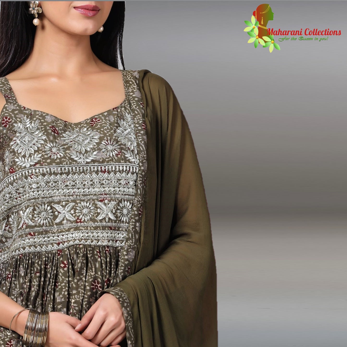 Maharani's Suit with Pants and Dupatta - Henna Green (M) - Pure Muslin Silk