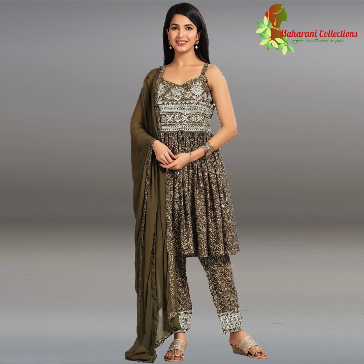 Maharani's Suit with Pants and Dupatta - Henna Green (M) - Pure Muslin Silk