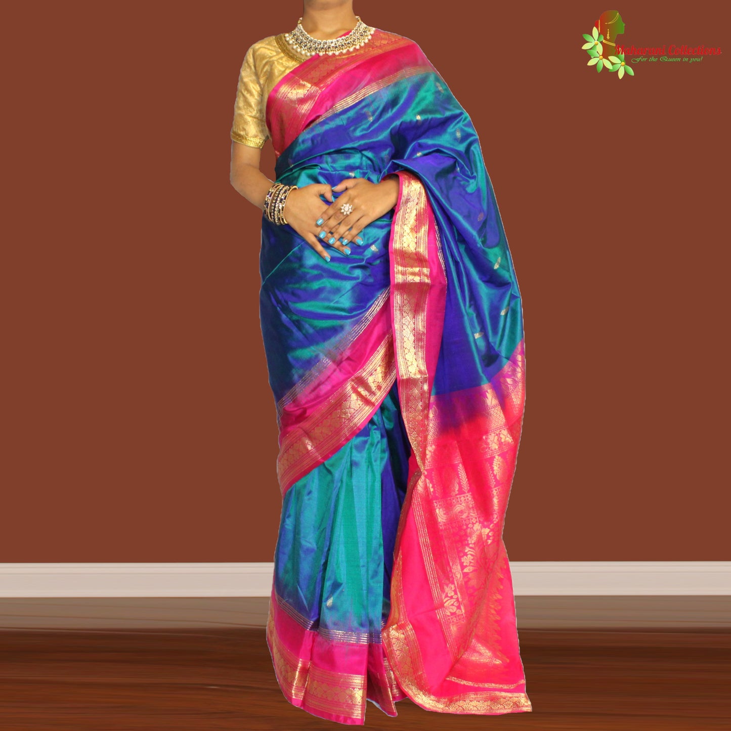 Maharani's Pure Banarasi Silk Saree - Robin Blue (with stitched Petticoat)