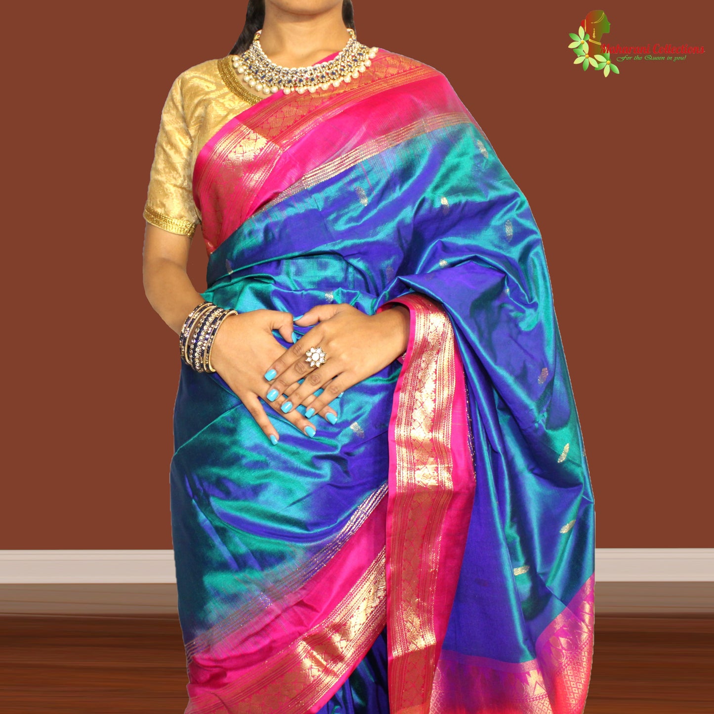 Maharani's Pure Banarasi Silk Saree - Robin Blue (with stitched Petticoat)
