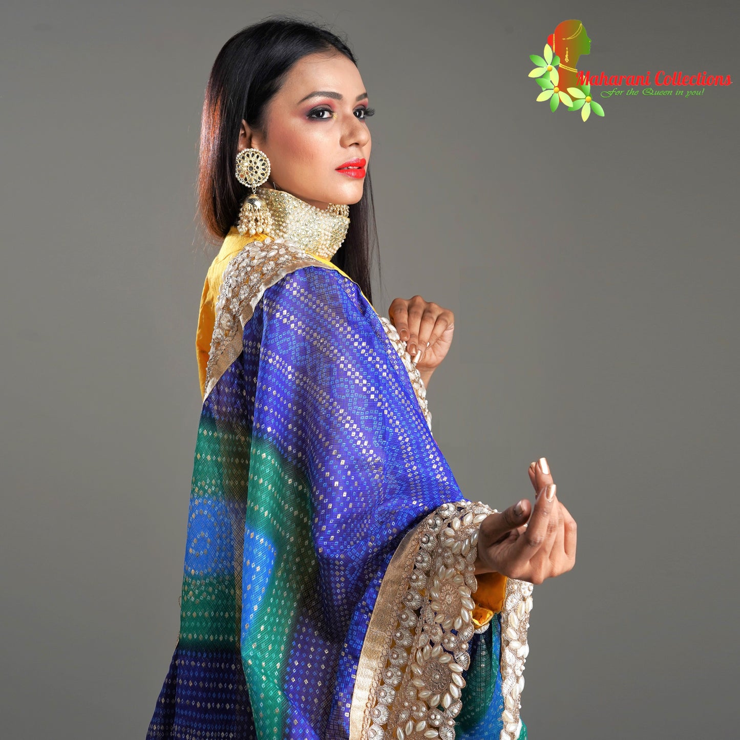 Designer Gala Gown - Yellow with Pearl, Stone and Golden Zari Work