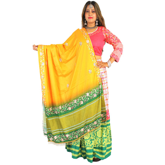 Maharani's Soft Silk Lehenga - Red, White and Green
