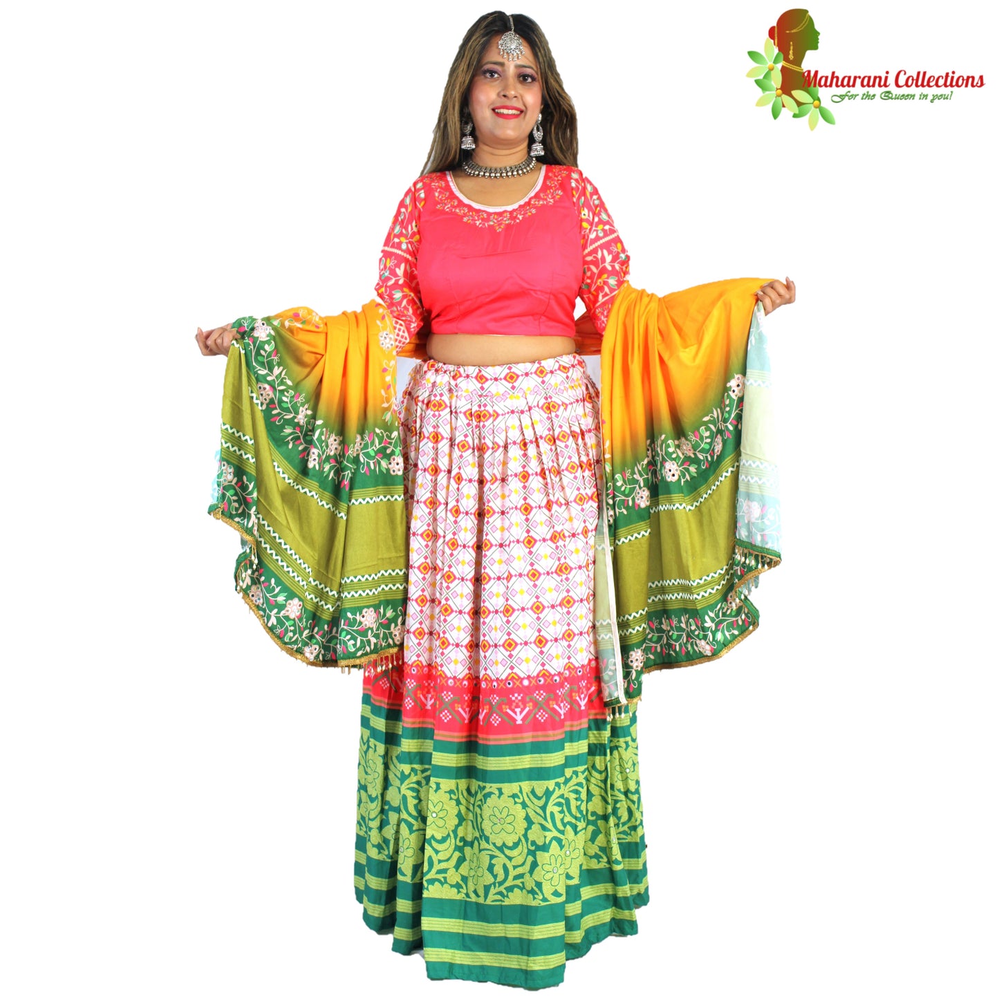 Maharani's Soft Silk Lehenga - Red, White and Green
