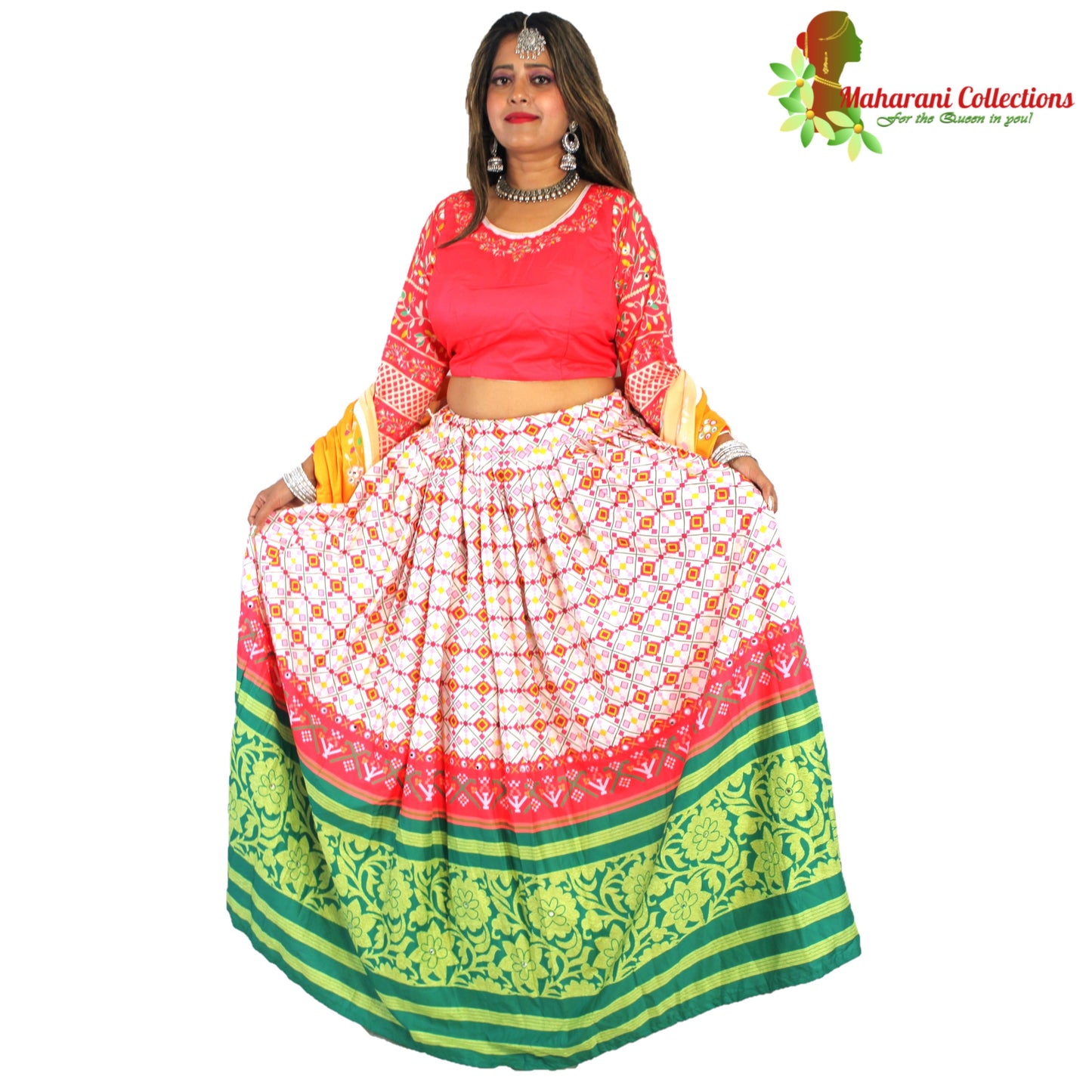 Maharani's Soft Silk Lehenga - Red, White and Green