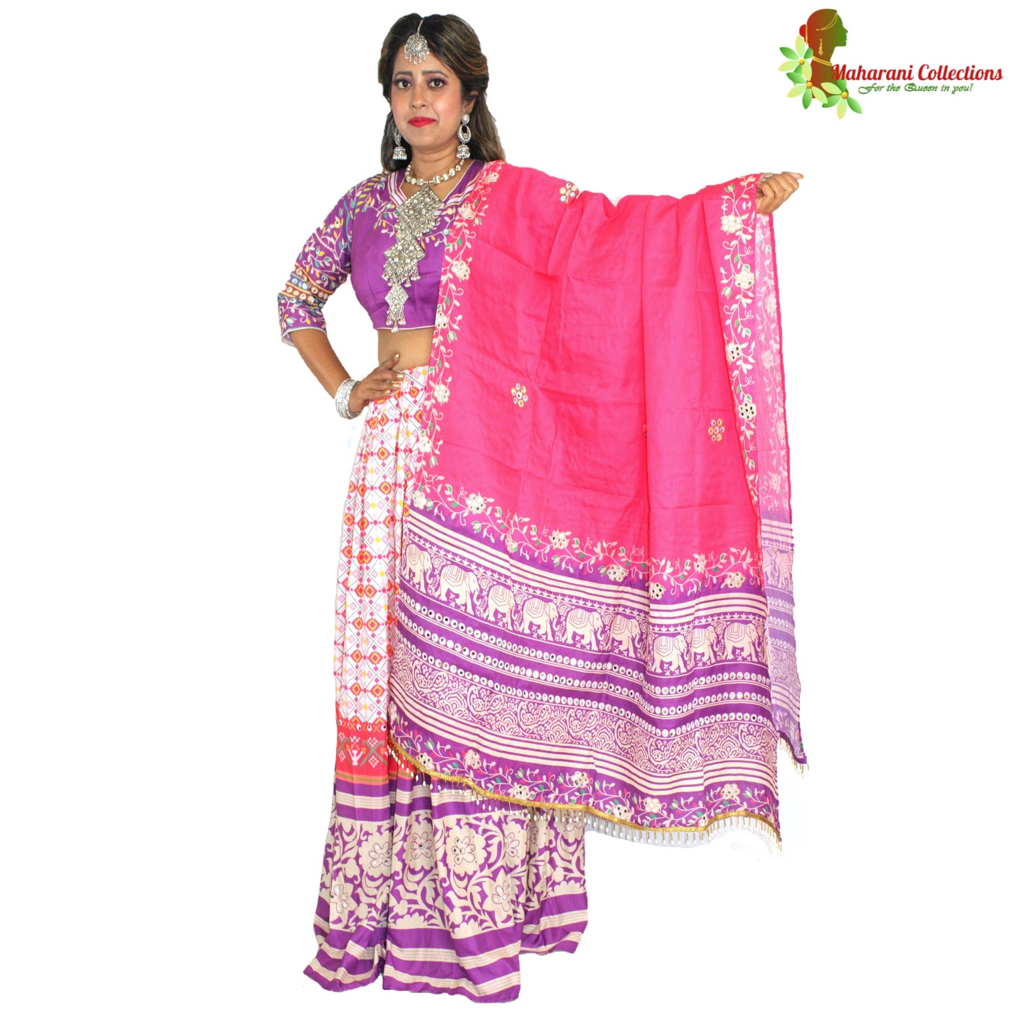 Maharani's Designer Silk Lehenga - White and purple