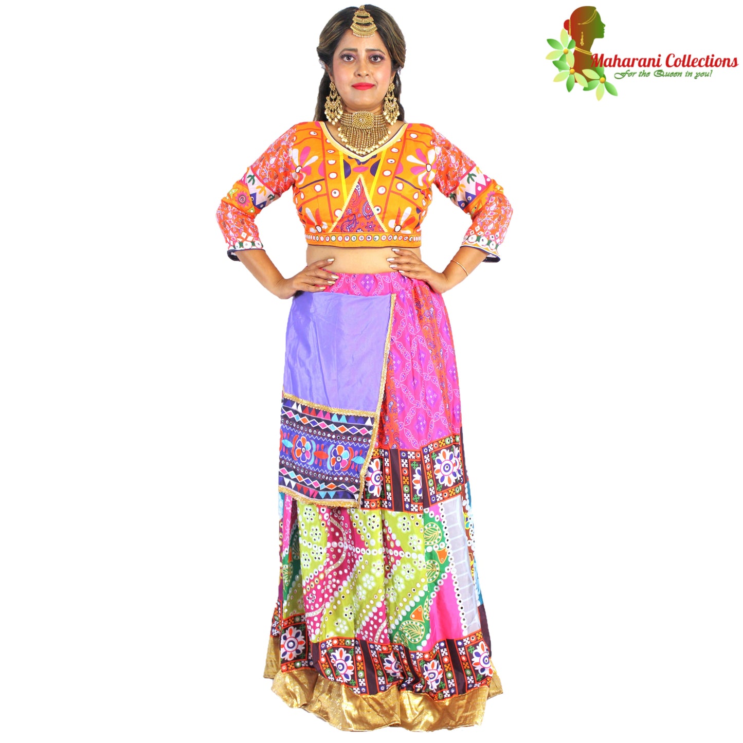 Maharani's Designer Silk Lehenga - Orange and Pink