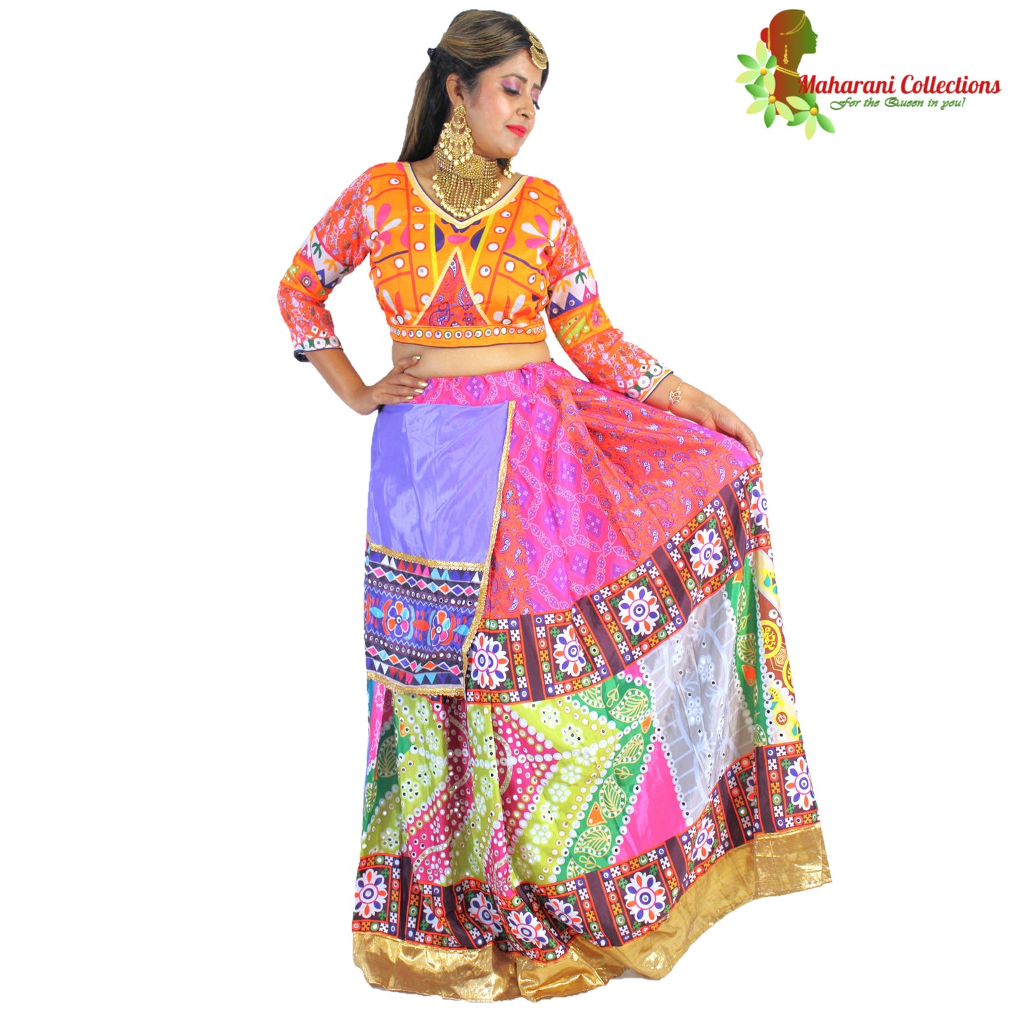 Maharani's Designer Silk Lehenga - Orange and Pink
